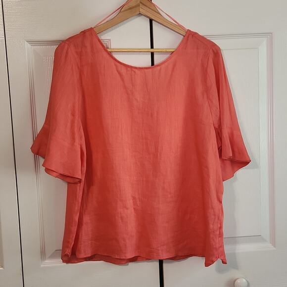 Antonio Melanie Women's Coral 100% Linen Bell 1/2 Sleeve Top Size LG NWT Luxury - Picture 1 of 9